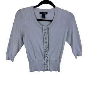 White House Black Market Silver Shimmer Studded Snap Up 3/4 Sleeve Cardigan Sz S